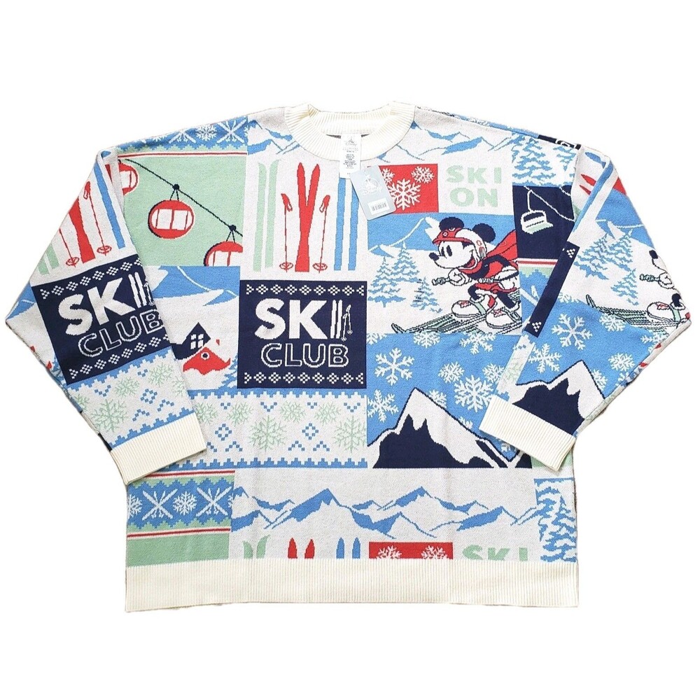 NWT Disney Mickey Ski Club Size XL Mens RELAXED Fit Patchwork Sweater Snow